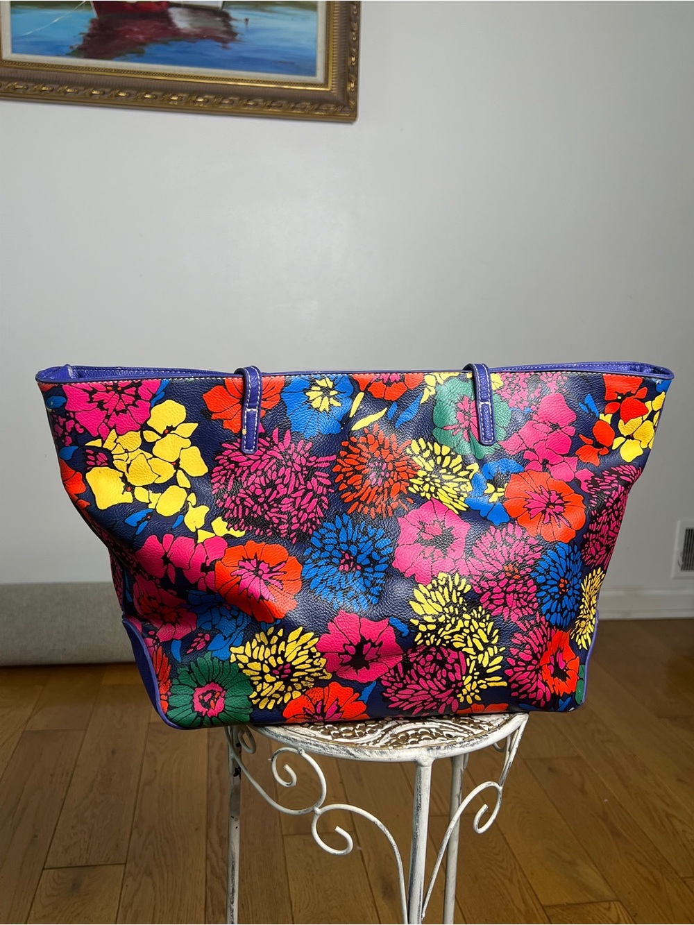 Nine West Navy Floral Tote with Bright Multicolor Blooms - Picture 3 of 10
